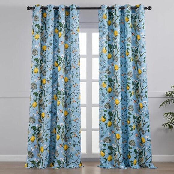 Floral Lemon Hummingbird Curtains Patterned Waverly Mid-Century Style - Picture 2 of 10
